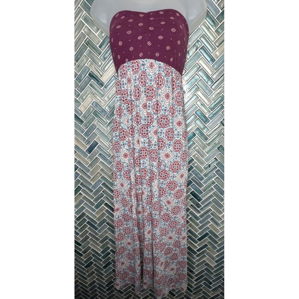 ROXY WINE TURQUOISE MEDALLION STRAPLESS KNIT BOHO 100% COTTON MAXI DRESS S